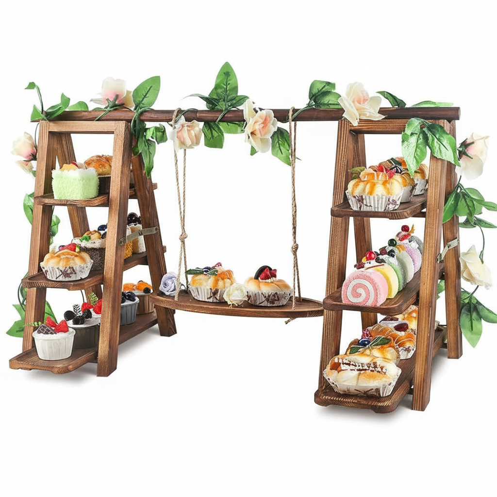 סטנד עוגיות עץ תלת-קומתי מתקפל עם נדנדה