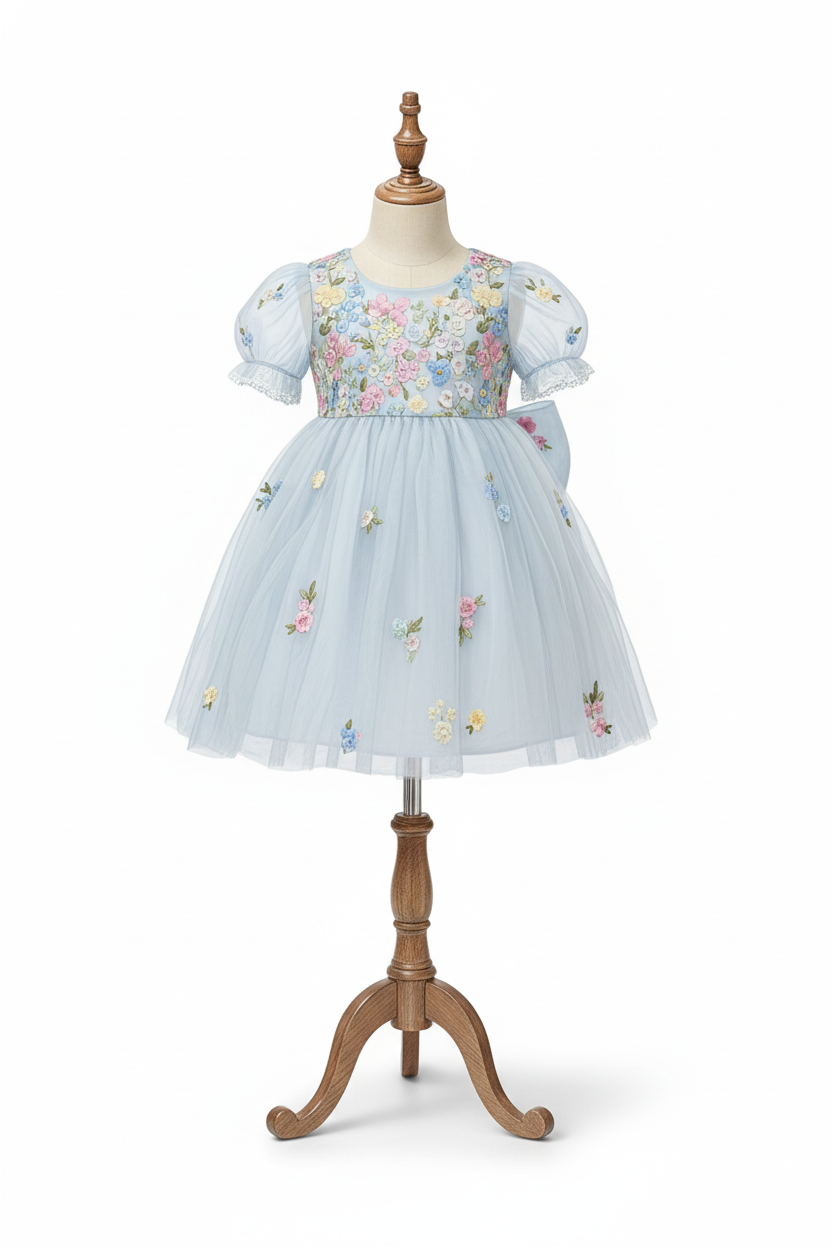 שמלה לילדה בת שנתיים וחצי/שלוש בצבע תכלת, שמלה מתוקה ויפה!
מגיעה עם תחתית מנפחת תפורה לשמלה ופפיון גדול מאחורה.
אפשר גם לקחת סרט לשיער תחרה תואם בצבע (מה שיש בתמונה לילדה) וזר פרחים קטן בצבע תכלת - סקיצה צנועה