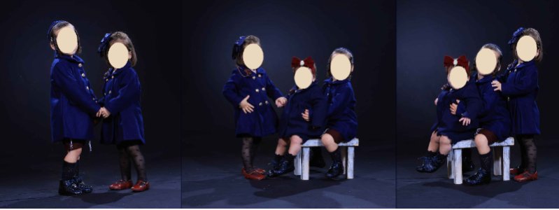 ג'קט נסיכי לילד בן 3-4
שמלת ג'קט לילדה בת 2-3
ג'קט קצר מתרחב לתינוקות
2 סיכות פרח לקישוט בצווארון של הבנות
2 פפיונים כחולים גדולים
ו2 סרטי ראש פפיון ענק לתינוקות