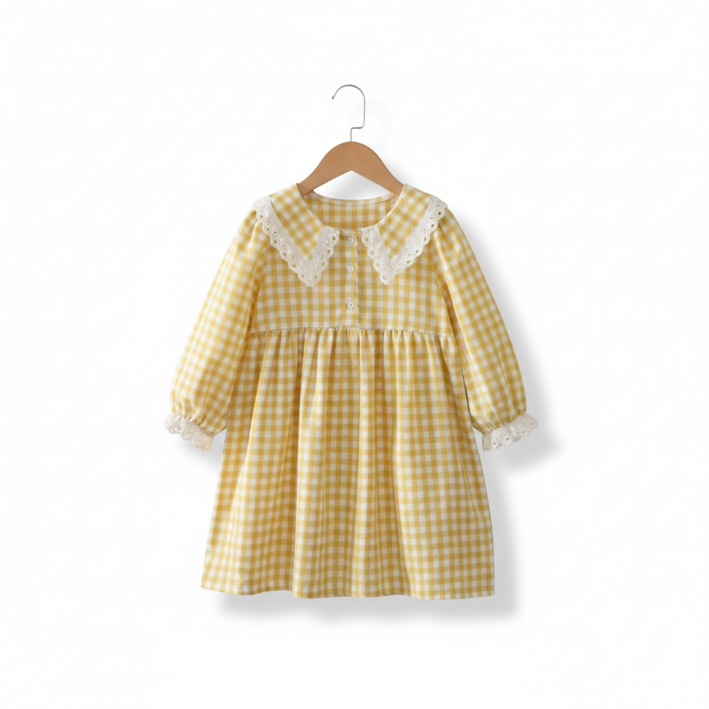 שמלה משובצת סיומת תחרה